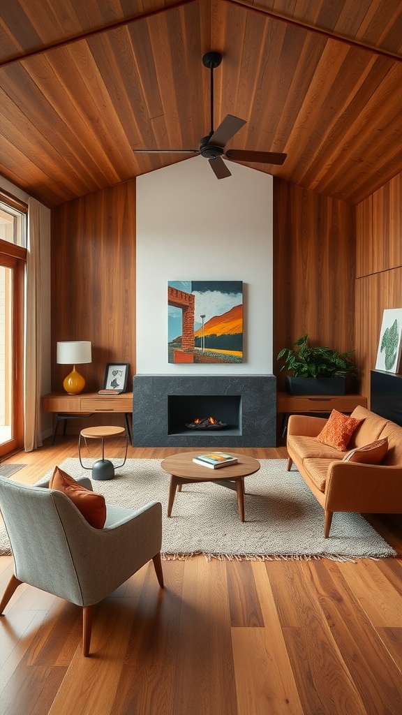 A mid-century modern living room featuring wooden walls, a sleek fireplace, and stylish furniture.