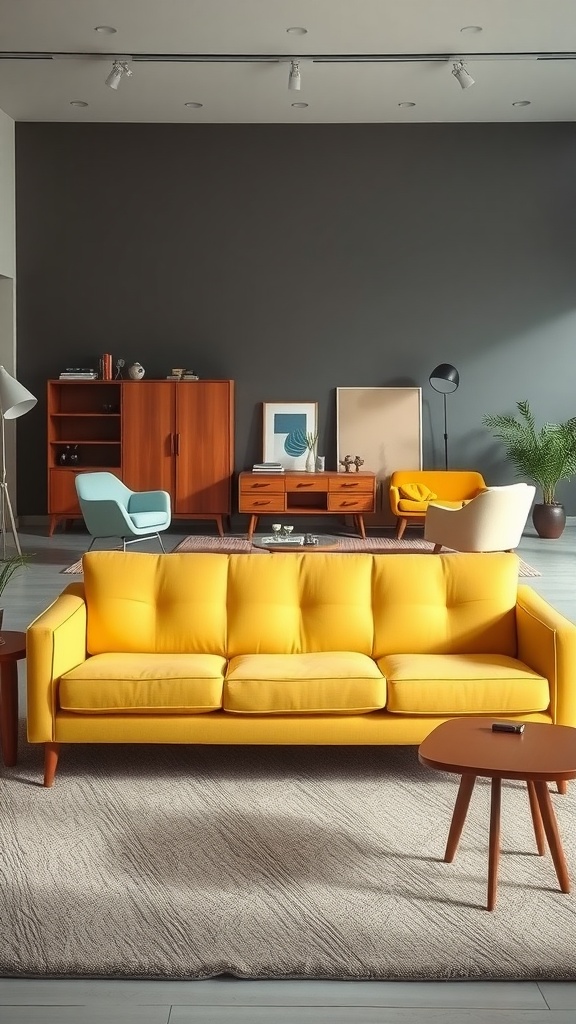 A stylish mid-century modern living room featuring a bright yellow couch, wooden furniture, and a cozy atmosphere.