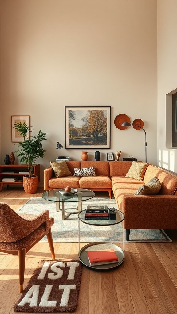 A modern living room featuring a brown couch, wooden flooring, and decorative elements.