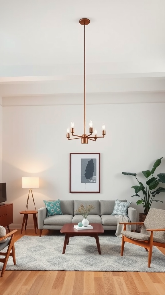 A cozy living room featuring a mid-century modern chandelier, grey sofa, wooden chairs, and decorative elements.