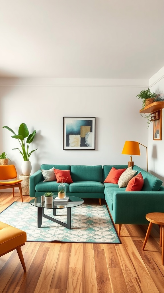 A stylish living room featuring a green sofa with accent pillows, a round coffee table, wooden flooring, and plants.