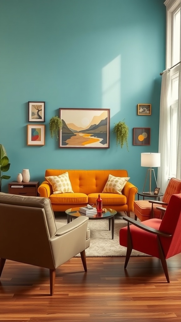 Bright living room featuring mid-century modern furniture with an orange sofa, red chair, and colorful artwork on teal walls.