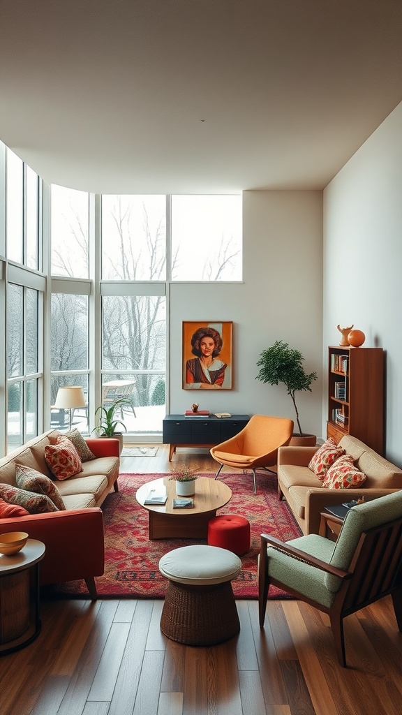 A cozy sunken living room featuring mid-century modern furniture with large windows, colorful seating, and a wooden bookshelf.