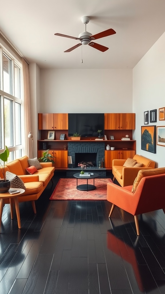 A stylish mid-century modern living room with orange sofas, black floor, and wooden cabinetry.