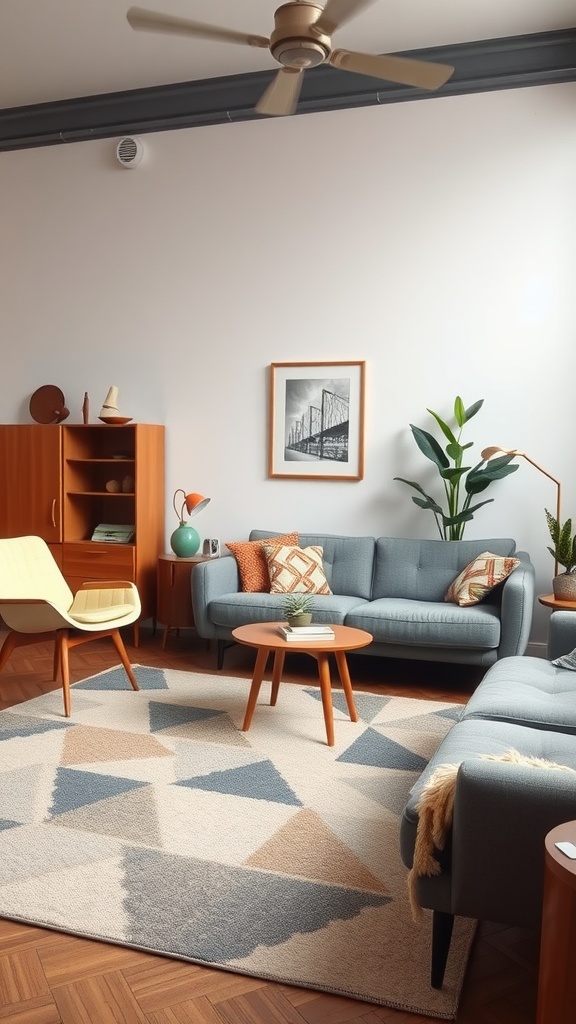 A stylish mid-century modern living room featuring a grey couch, round coffee table, geometric rug, and warm wooden accents.