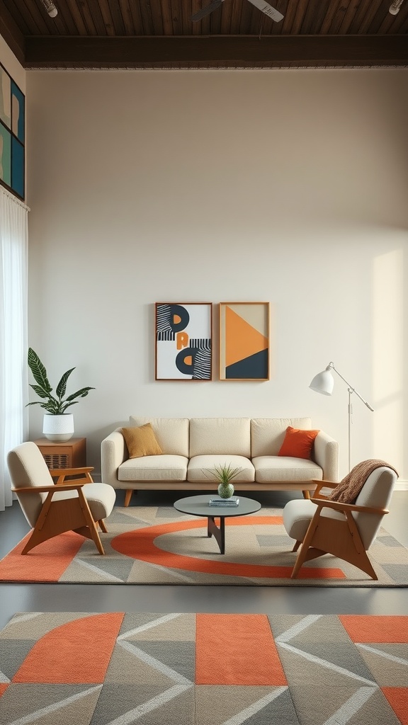 A mid-century modern living room featuring a cream couch, wooden accent chairs, geometric art, and a colorful rug.