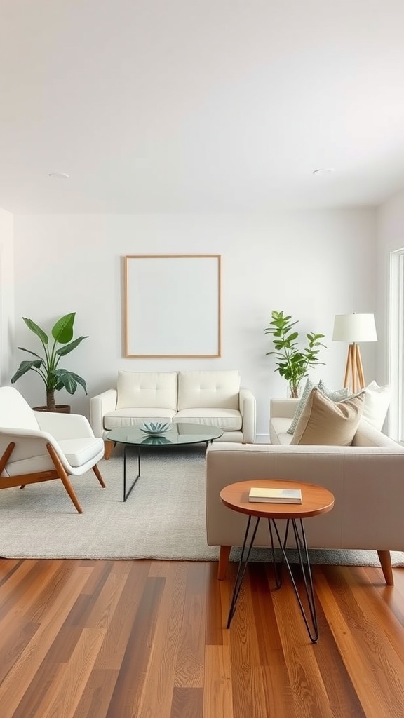 A stylish mid-century modern living room featuring white furniture, wooden flooring, and indoor plants.