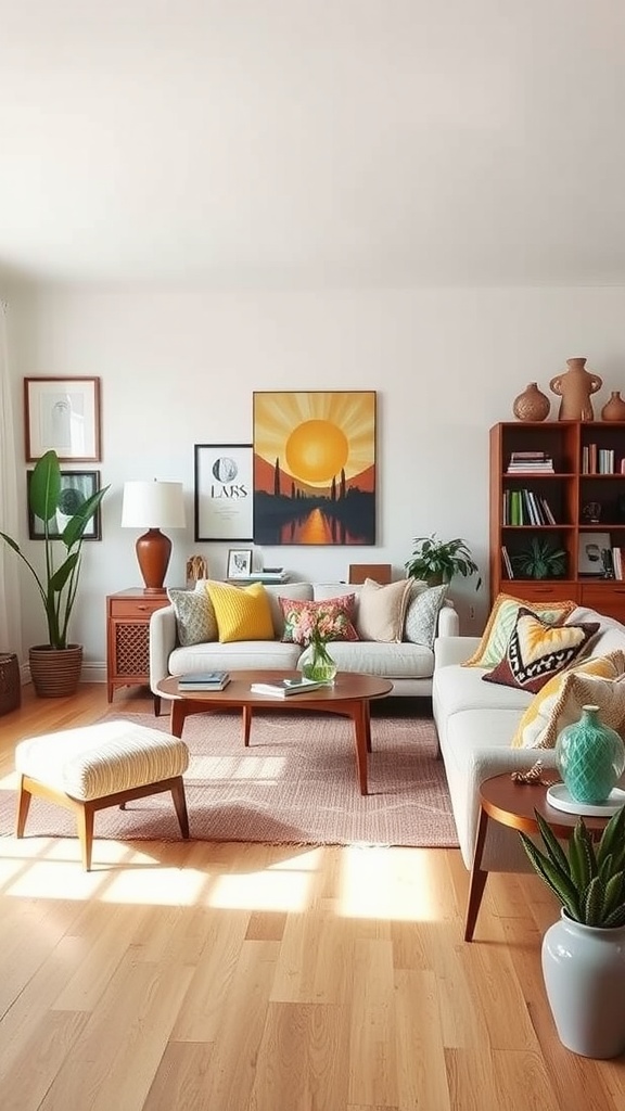 Mid-century modern living room with a sun painting, cozy sofa, and plants