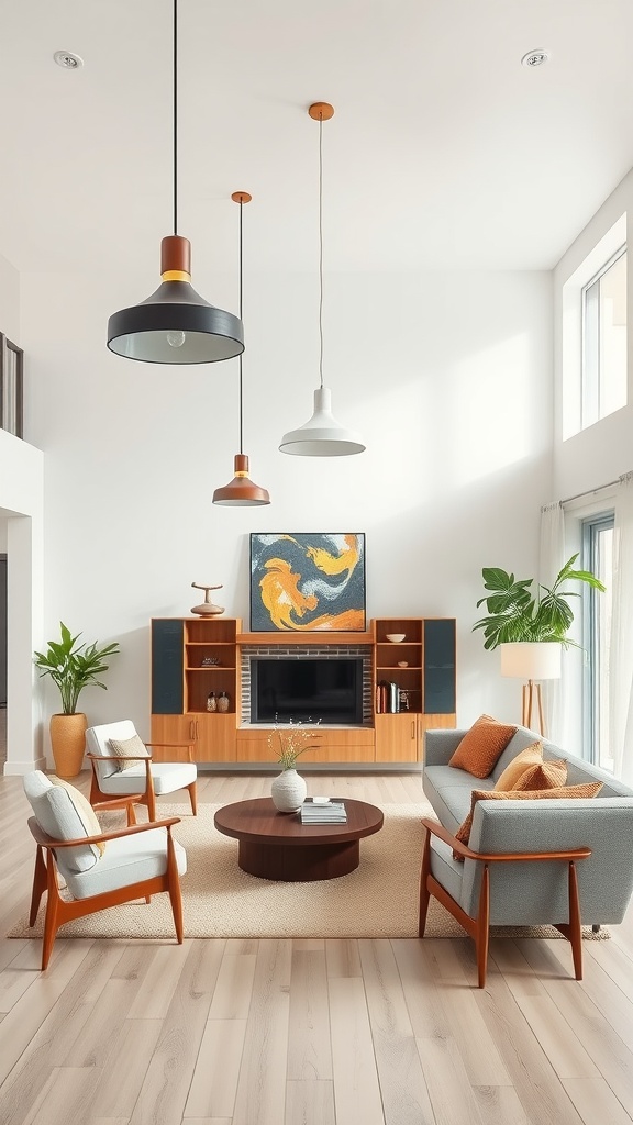 A bright living room featuring mid-century modern lighting fixtures, comfortable seating, and a natural aesthetic.