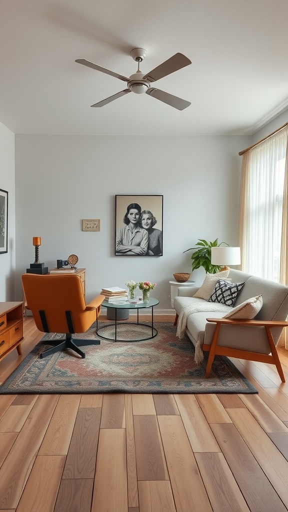 A cozy living room featuring mid-century modern furniture and a colorful rug.