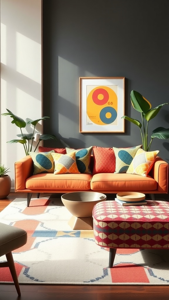 A cozy mid-century modern living room featuring an orange sofa with colorful cushions, plants, and a round coffee table.