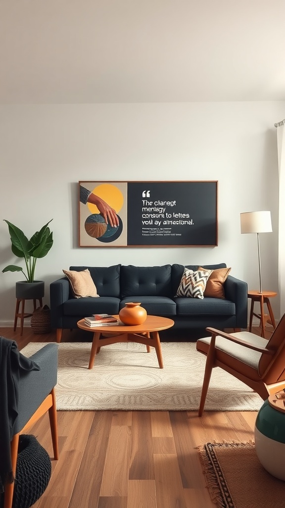 A stylish living room featuring a black couch, mid-century modern furniture, and vibrant wall art.