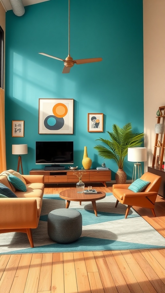 Mid-century modern living room with aqua accent wall, orange sofa, and stylish decor.