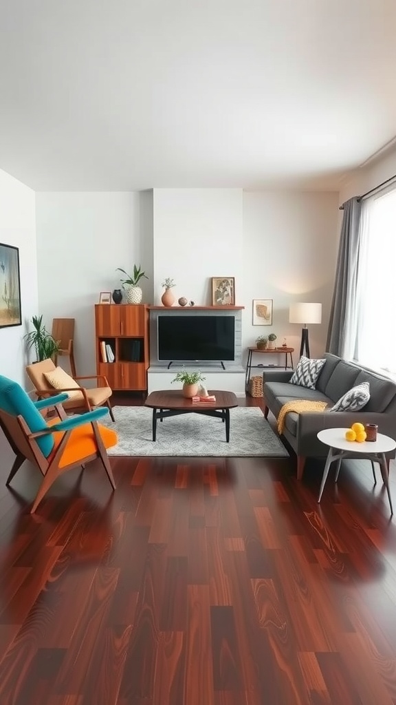 Living room featuring mid-century modern furniture and dark wood flooring