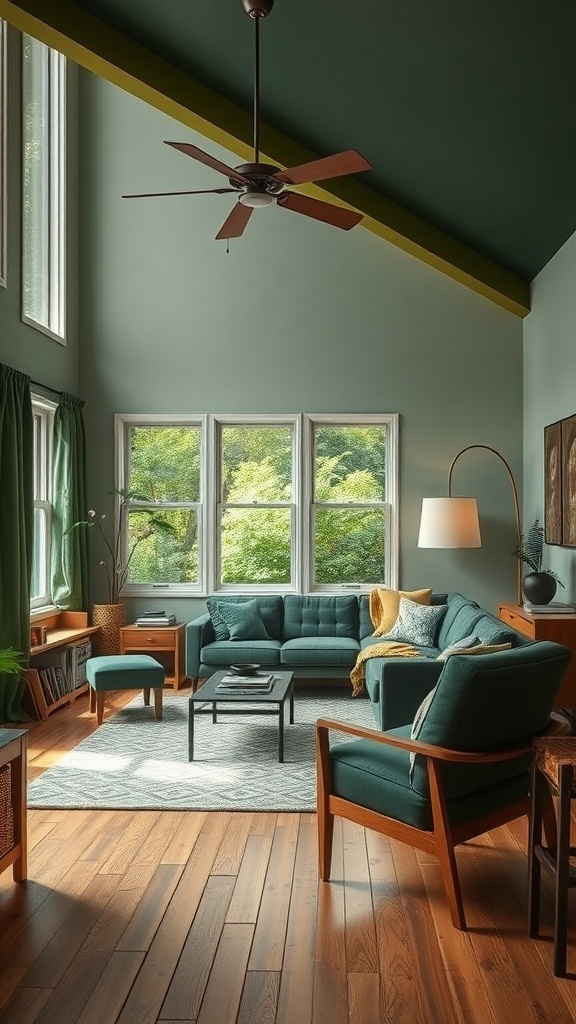 Mid-century modern living room with forest green touches, featuring a dark green sofa, wooden accents, and large windows.