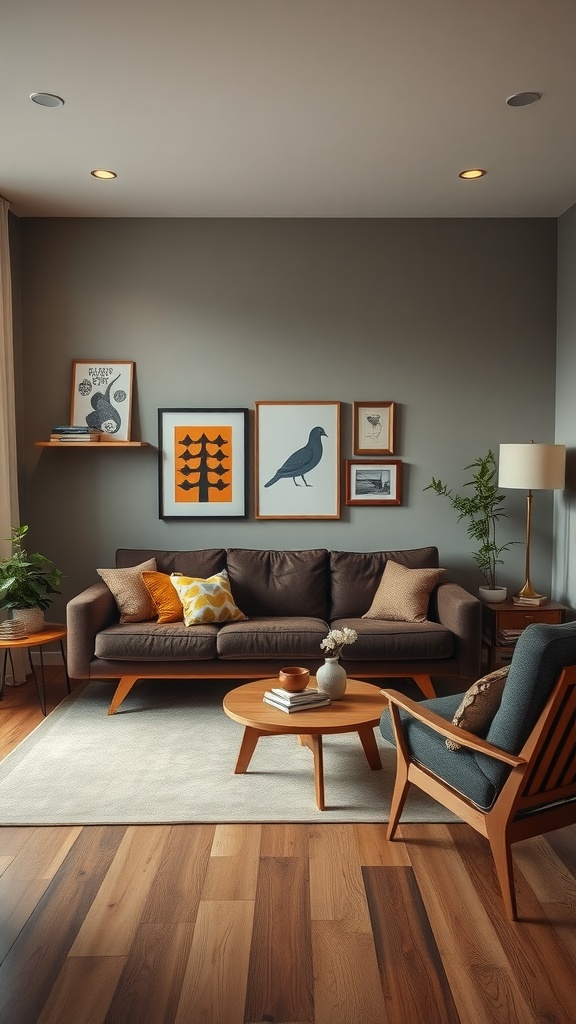 A living room featuring a dark brown sofa, colorful cushions, framed artwork on gray walls, a round coffee table, and plants, embodying mid-century modern style with retro accents.