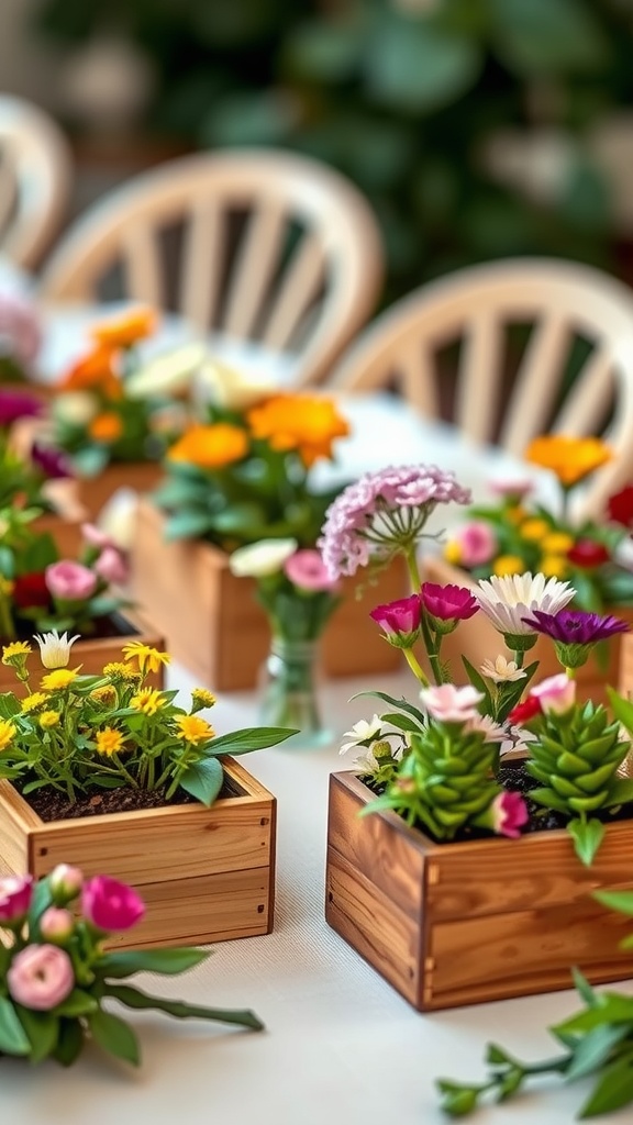 Wooden boxes filled with colorful flowers on a table