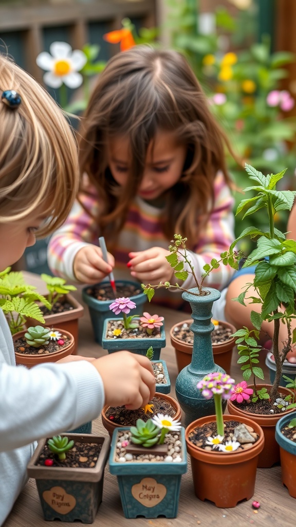 Children working on their miniature gardens with colorful pots and plants.