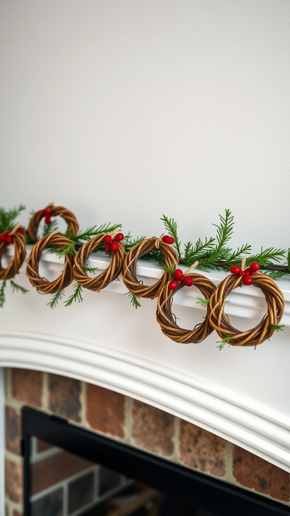 Miniature grapevine wreaths with greenery and berries on a mantle