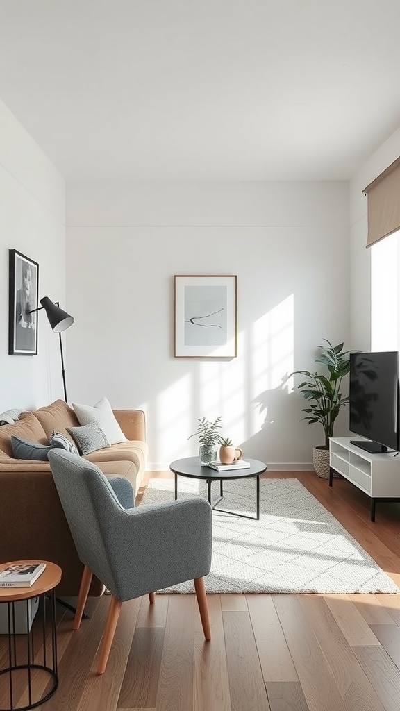 A minimalist small living room with a cozy sofa, a light blue armchair, and natural light streaming in from the windows.