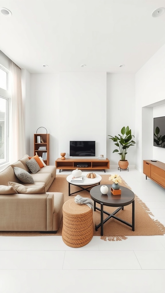 Minimalist living room featuring brown and white decor with a light sofa, coffee table, and potted plant.