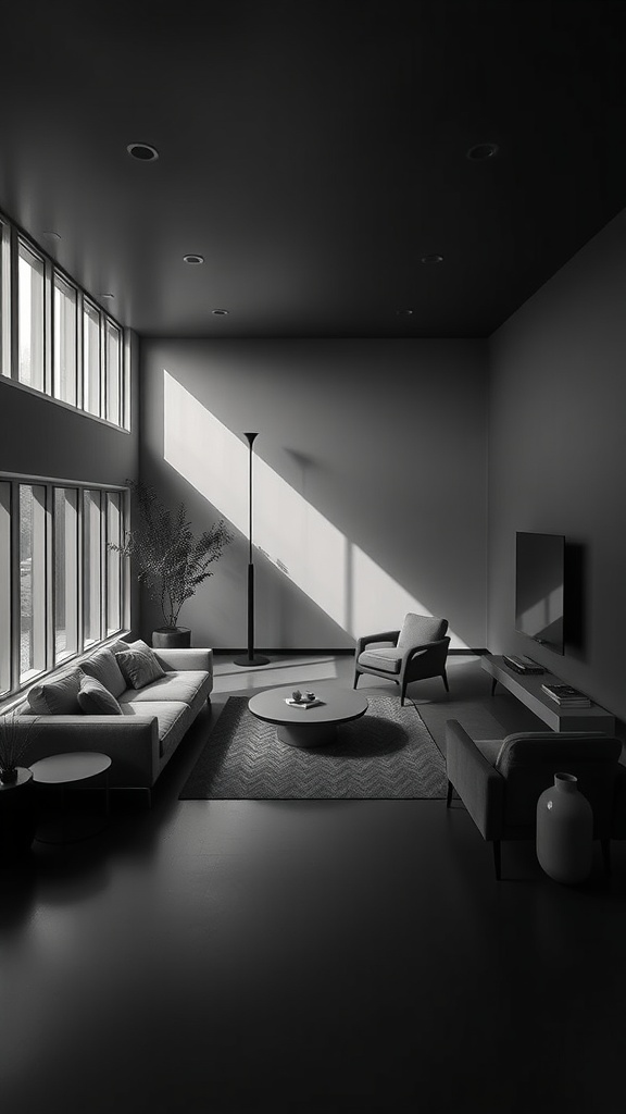 A minimalist sunken living room with large windows, simple furniture, and natural light.