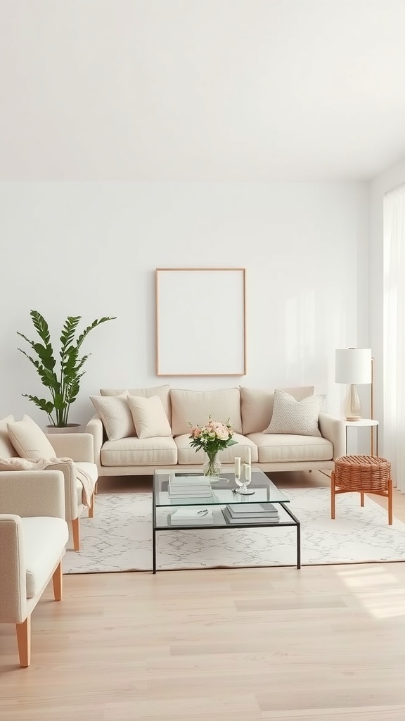 A minimalist beige and white living room featuring a cozy sofa, glass coffee table, and a potted plant.