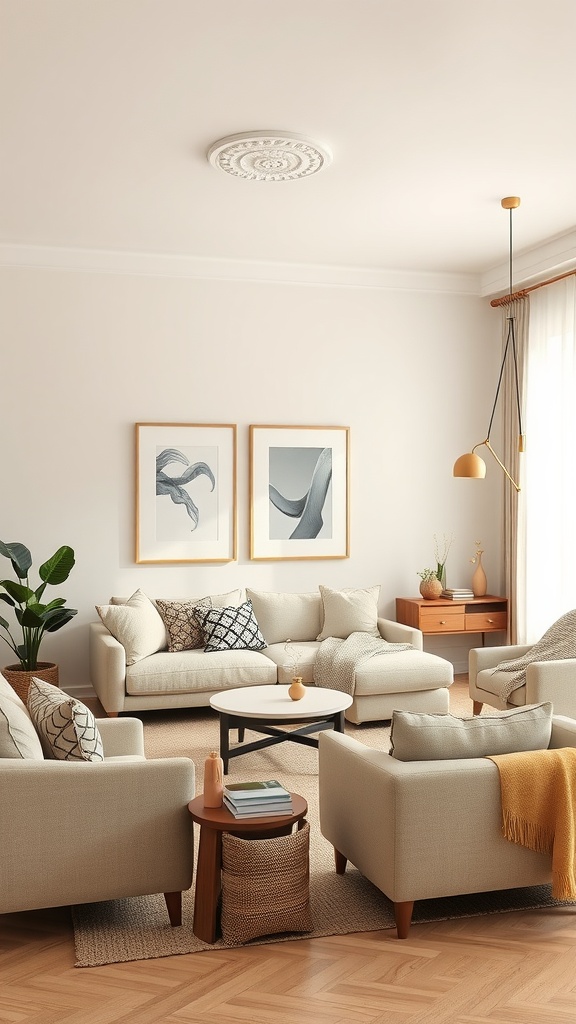 A minimalist beige living room with two sofas, art on the walls, and natural elements.