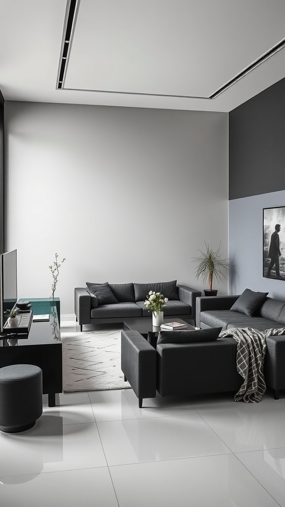 A minimalist black and grey living room featuring sleek furniture and a calm atmosphere.