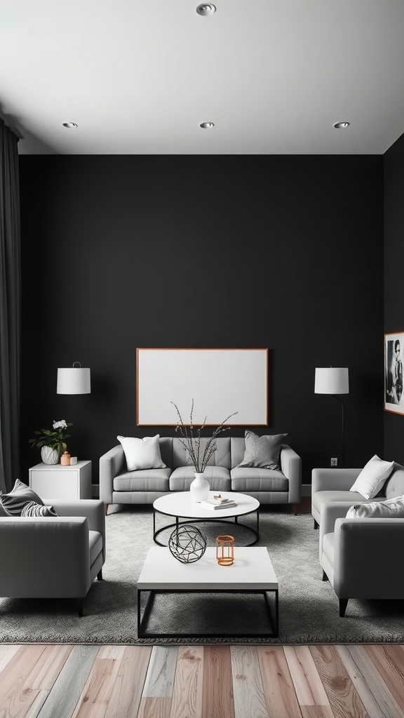 A minimalist black and white living room featuring gray sofas, a white coffee table, and a black wall.