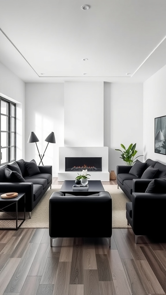 A minimalist living room featuring black sofas, a white fireplace, and a plant, with a bright and airy feel.