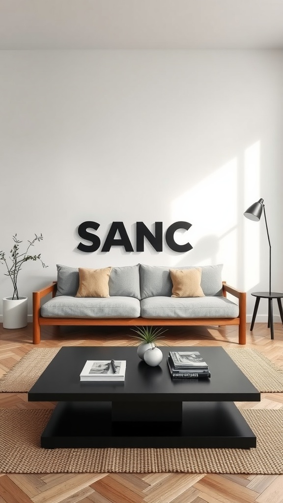 A minimalist living room featuring a black coffee table, gray sofa, and wooden accents