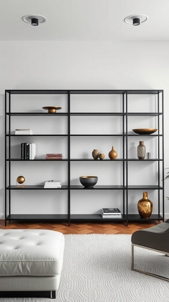 A minimalist black shelving unit featuring decorative gold items and books in a stylish living room.