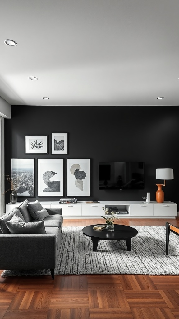 A minimalist living room featuring a black accent wall adorned with framed art, a gray sofa, and a round coffee table.