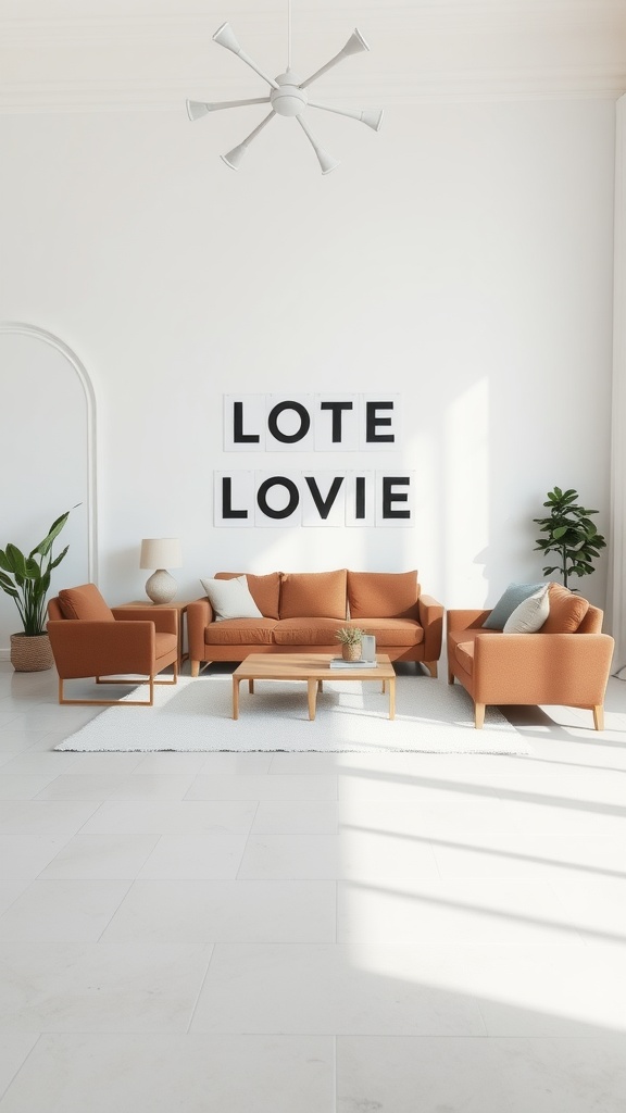 A minimalist brown living room featuring a brown sofa, armchairs, a wooden coffee table, and indoor plants.