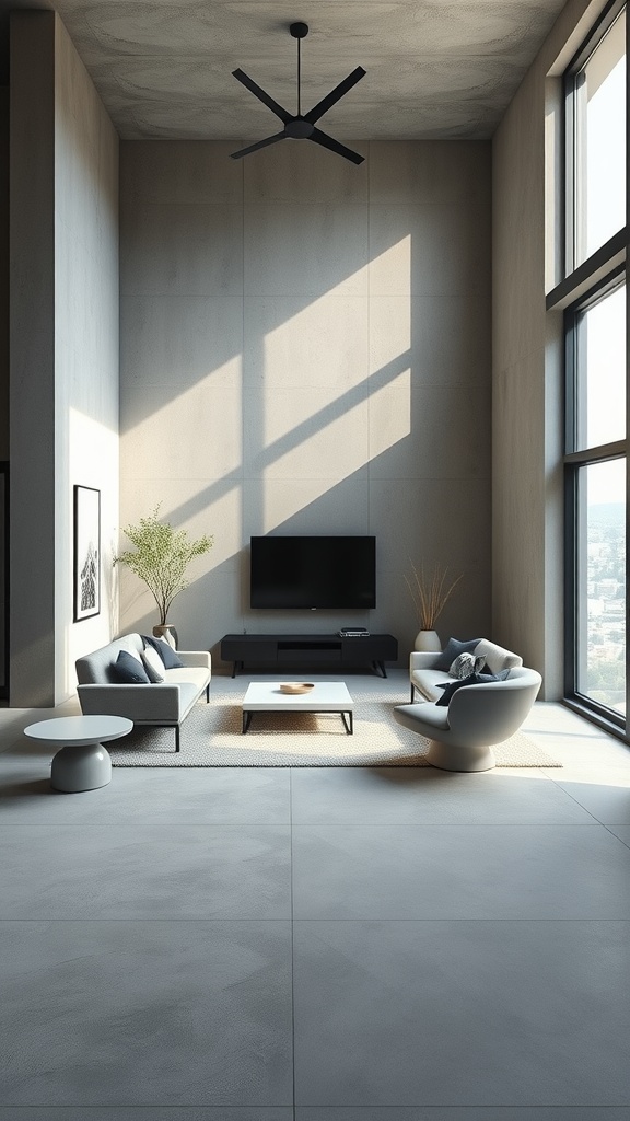 Minimalist sunken living room with concrete walls, large windows, and simple furniture