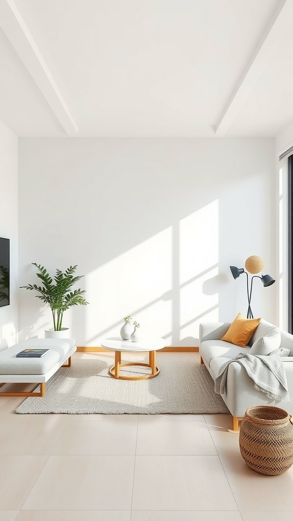 A bright and airy minimalist living room featuring neutral furniture, a cozy throw, and a plant.