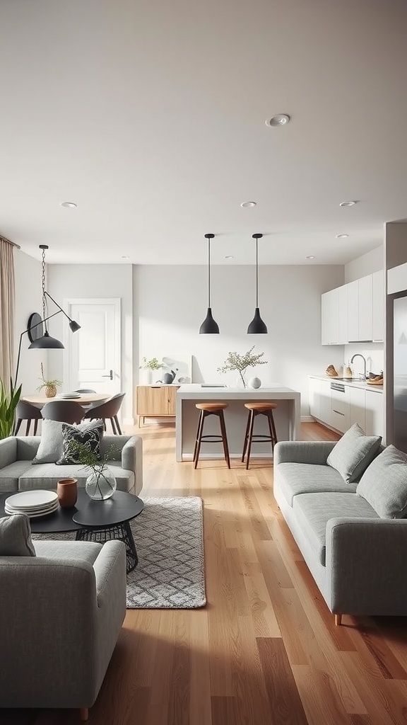 A modern open kitchen living room featuring minimalist decor with gray sofas, a dark coffee table, and wooden elements.