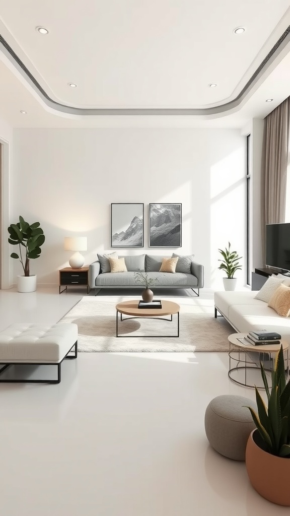 A minimalist living room with light-colored furniture, plants, and simple decor, emphasizing open space.