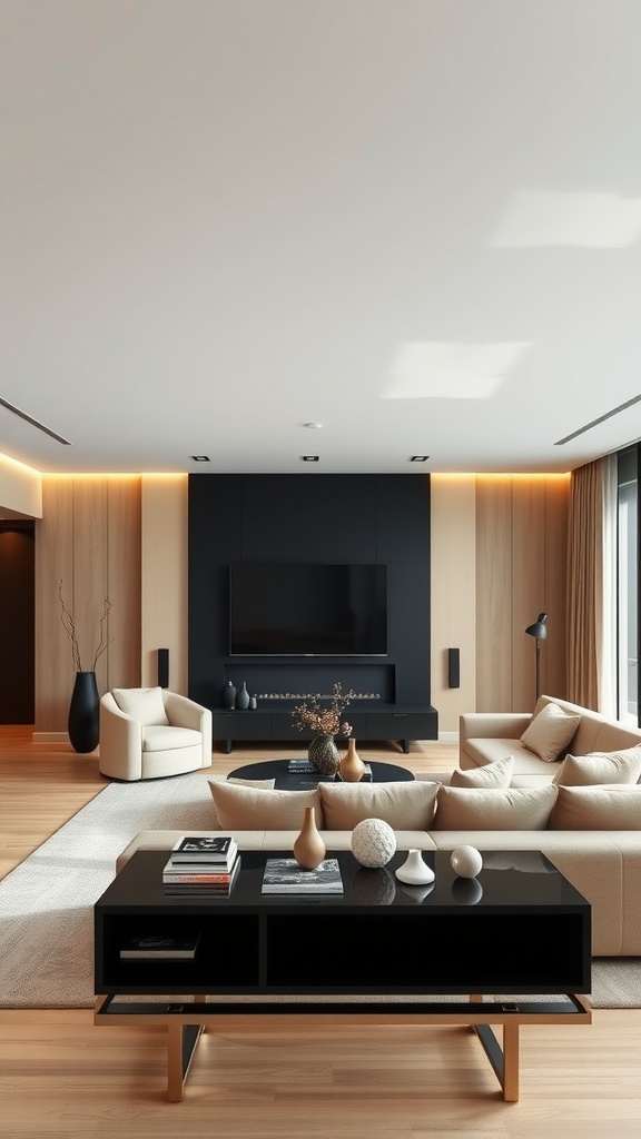 A minimalist living room featuring beige and black elements, with a plush beige sofa, modern decor, and a black feature wall.