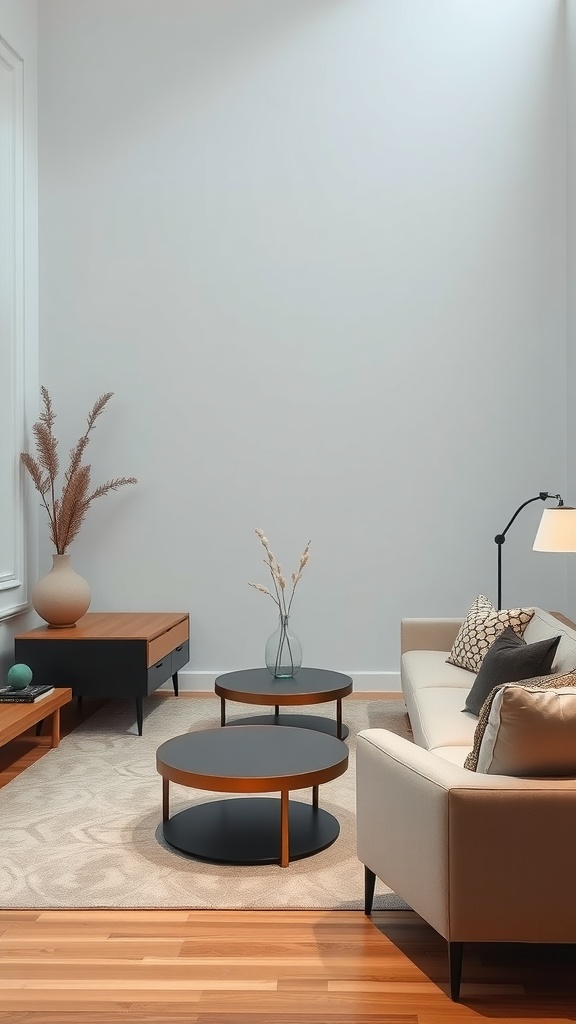 Minimalist living room with beige sofa, round black coffee tables, wooden accents, and simple decor.