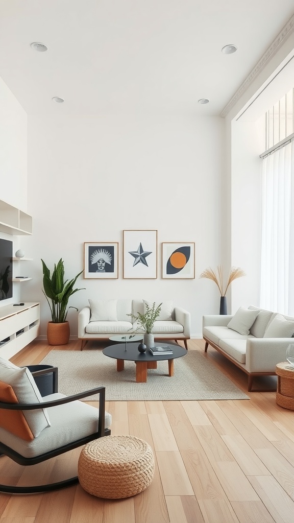 A minimalist living room featuring neutral tones, light-colored sofas, a round coffee table, and a few decorative plants.