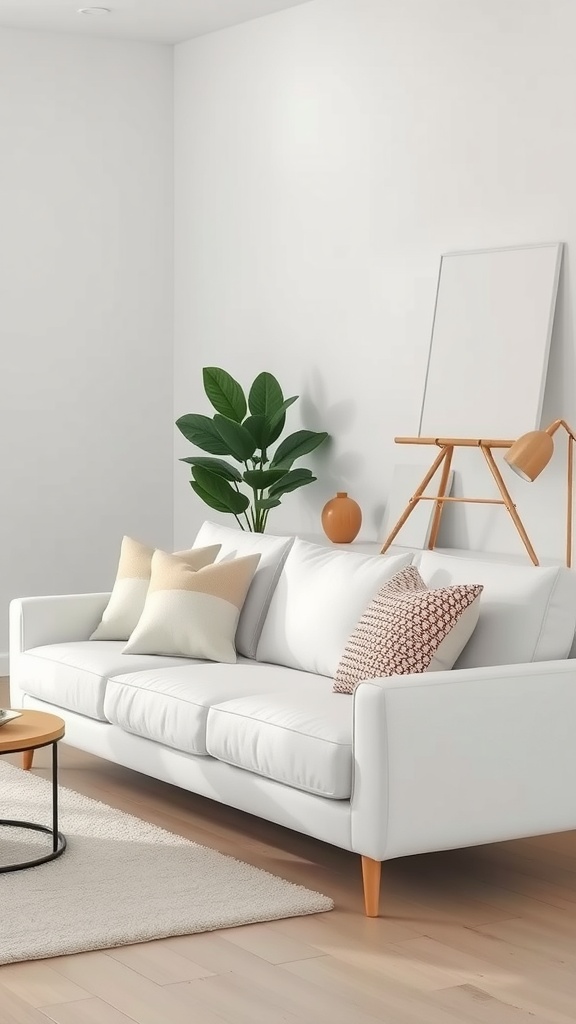 A bright and airy minimalist living room featuring a white couch with colorful cushions, a small wooden coffee table, a rug, and a potted plant.