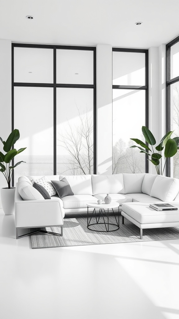 A minimalist living room featuring a white leather sofa, large windows, and indoor plants