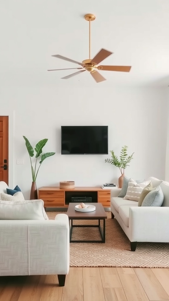 A minimalist farmhouse style living room with neutral sofas, green plants, and wooden furniture.