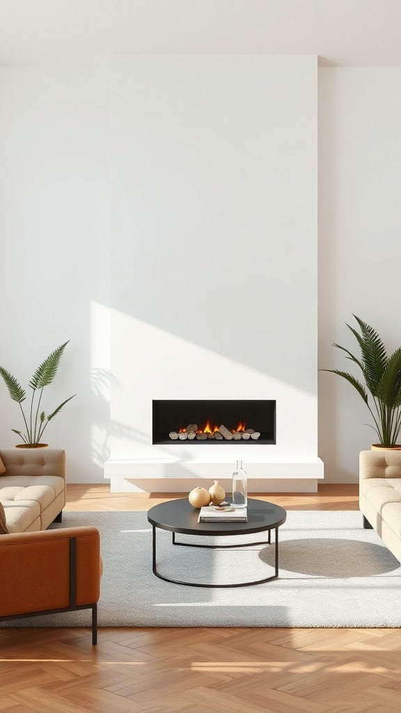 A minimalist bohemian living room featuring a sleek fireplace, cozy sofas, and natural decor.