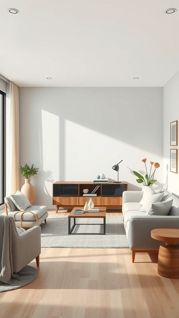 A minimalist living room featuring grey and beige furniture with wooden accents and natural lighting.