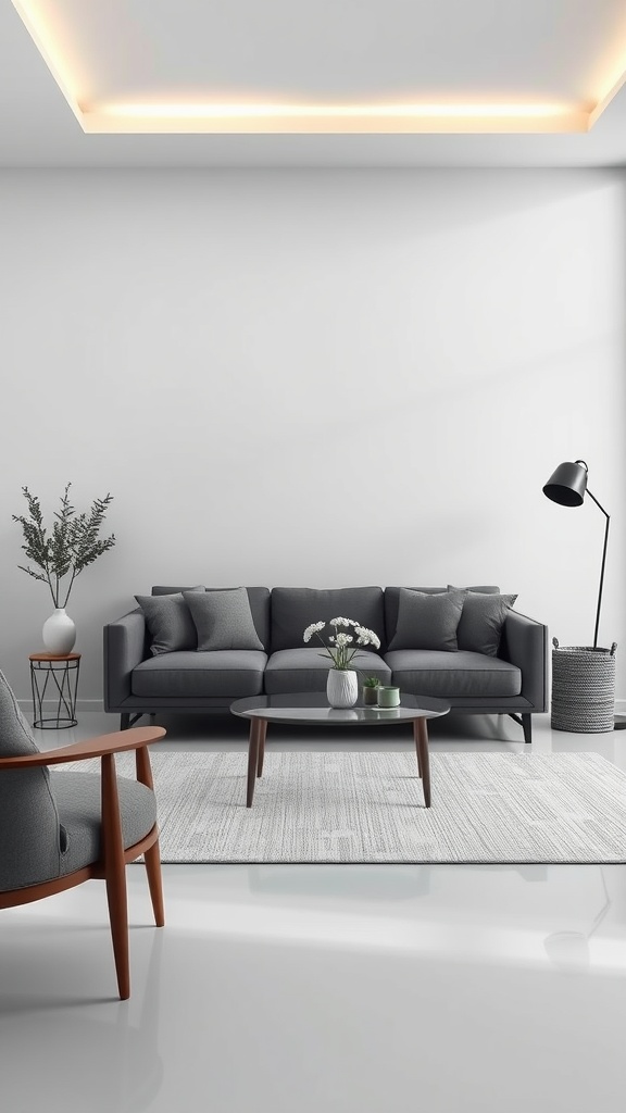 A minimalist gray living room featuring a gray sofa, coffee table, decorative plants, and a floor lamp.