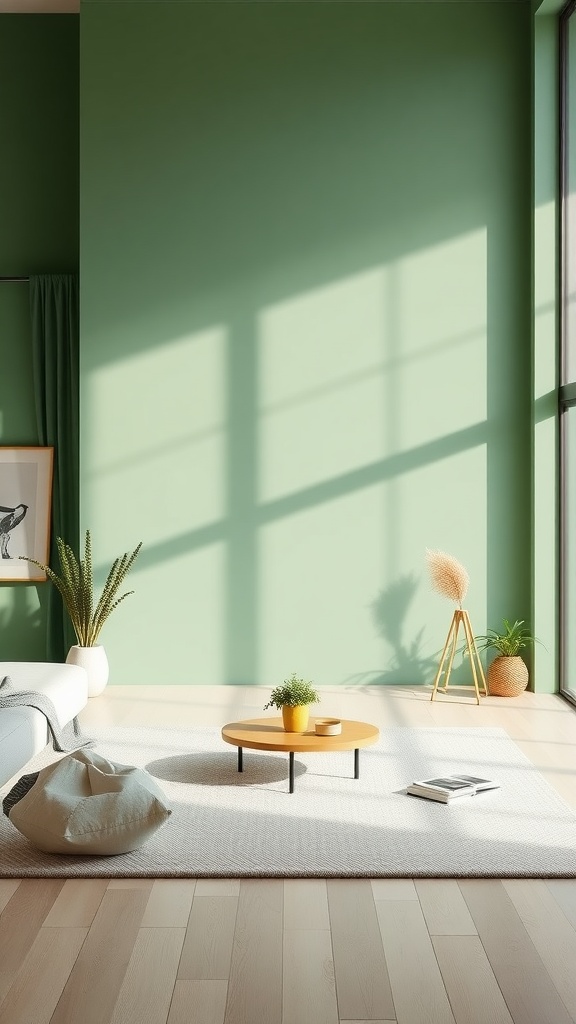 A minimalist green living room with soft green walls, a round wooden coffee table, and potted plants, filled with natural light.