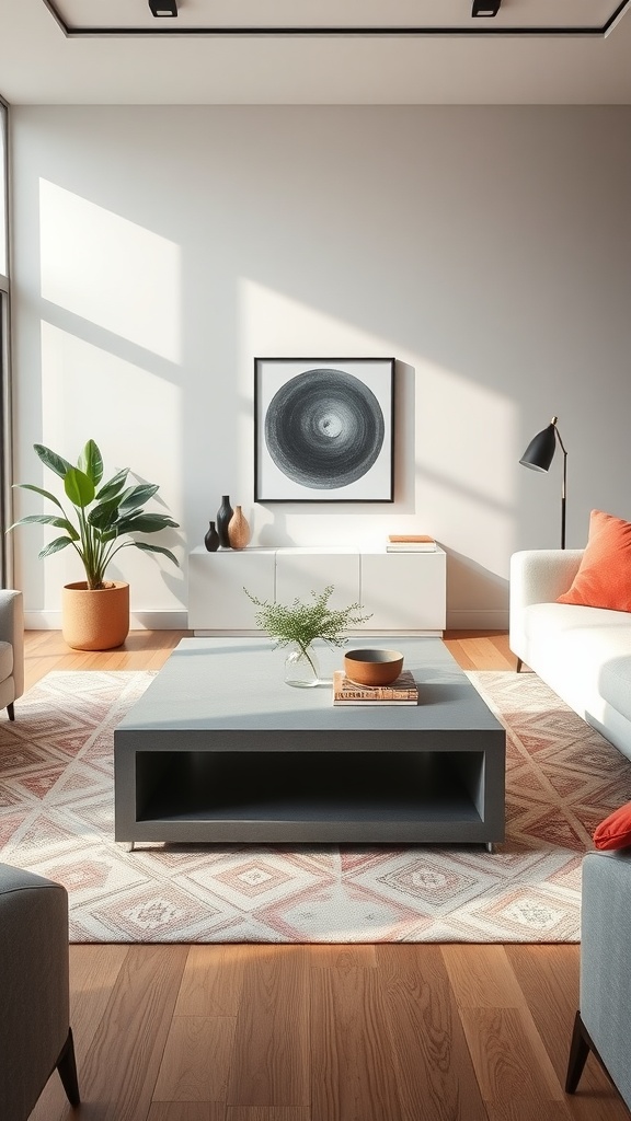 Minimalist grey coffee table in a modern living room with natural light, plants, and decorative items